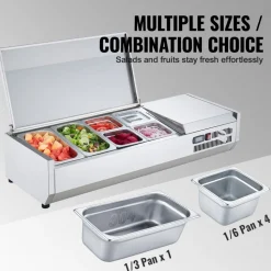 VEVOR Refrigerated Condiment Prep Station, 135 W Countertop Refrigerated Condiment Station, with 2 1/3 Pans & 4 1/6 Pans, 304 Stainless Body and PC Lid, Sandwich Prep Table with Stainless Guard, ETL