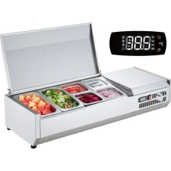 VEVOR Refrigerated Condiment Prep Station, 135 W Countertop Refrigerated Condiment Station, with 2 1/3 Pans & 4 1/6 Pans, 304 Stainless Body and PC Lid, Sandwich Prep Table with Stainless Guard, ETL