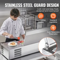 VEVOR Refrigerated Condiment Prep Station, 135 W Countertop Refrigerated Condiment Station, with 2 1/3 Pans & 4 1/6 Pans, 304 Stainless Body and PC Lid, Sandwich Prep Table with Stainless Guard, ETL