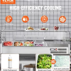 VEVOR Refrigerated Condiment Prep Station, 135 W Countertop Refrigerated Condiment Station, with 2 1/3 Pans & 4 1/6 Pans, 304 Stainless Body and PC Lid, Sandwich Prep Table with Glass Guard, ETL
