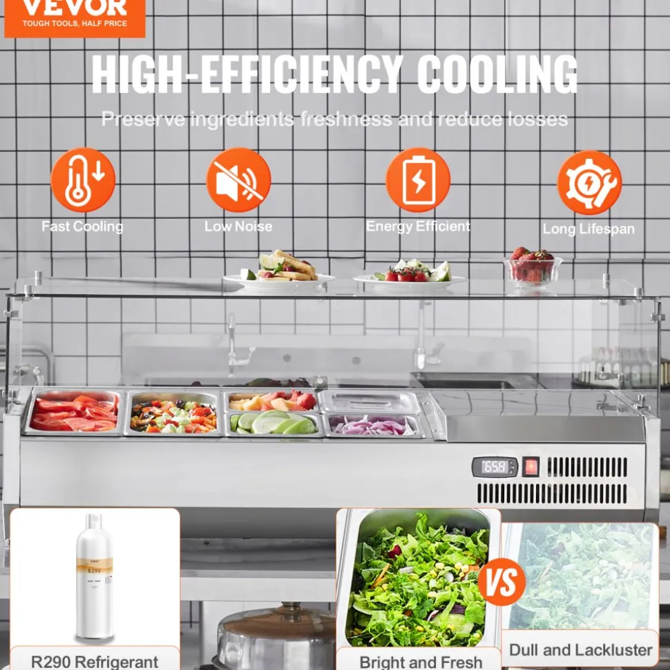 VEVOR Refrigerated Condiment Prep Station, 135 W Countertop Refrigerated Condiment Station, with 2 1/3 Pans & 4 1/6 Pans, 304 Stainless Body and PC Lid, Sandwich Prep Table with Glass Guard, ETL