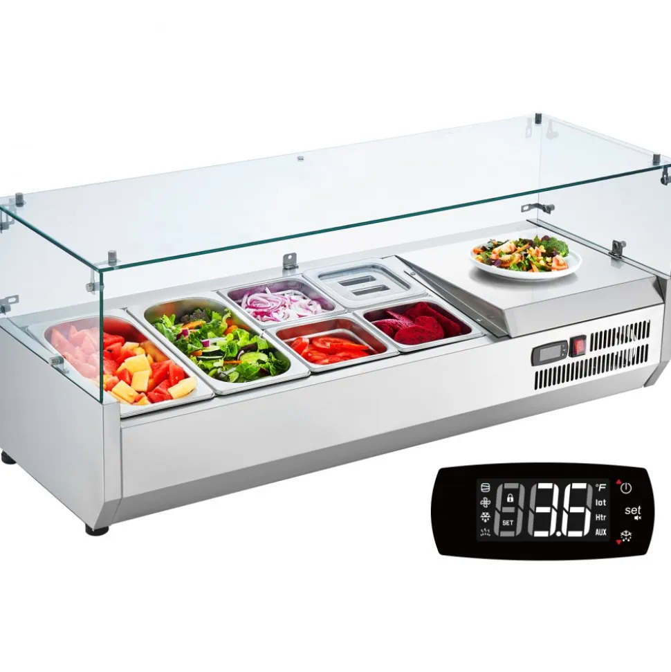 VEVOR Refrigerated Condiment Prep Station, 135 W Countertop Refrigerated Condiment Station, with 2 1/3 Pans & 4 1/6 Pans, 304 Stainless Body and PC Lid, Sandwich Prep Table with Glass Guard, ETL