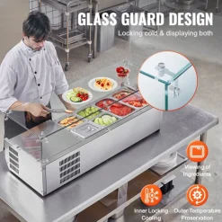 VEVOR Refrigerated Condiment Prep Station, 135 W Countertop Refrigerated Condiment Station, with 2 1/3 Pans & 4 1/6 Pans, 304 Stainless Body and PC Lid, Sandwich Prep Table with Glass Guard, ETL