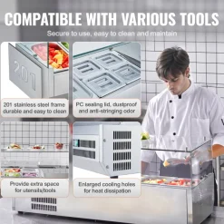 VEVOR Refrigerated Condiment Prep Station, 135 W Countertop Refrigerated Condiment Station, with 2 1/3 Pans & 4 1/6 Pans, 304 Stainless Body and PC Lid, Sandwich Prep Table with Glass Guard, ETL