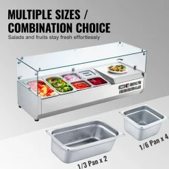 VEVOR Refrigerated Condiment Prep Station, 135 W Countertop Refrigerated Condiment Station, with 2 1/3 Pans & 4 1/6 Pans, 304 Stainless Body and PC Lid, Sandwich Prep Table with Glass Guard, ETL