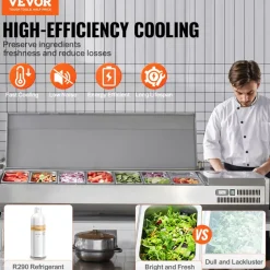 VEVOR Refrigerated Condiment Prep Station, 160 W Countertop Refrigerated Condiment Station, with 5 1/3 Pans & 4 1/6 Pans, 304 Stainless Body and PC Lid, Sandwich Prep Table with Stainless Guard, ETL