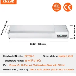 VEVOR Refrigerated Condiment Prep Station, 160 W Countertop Refrigerated Condiment Station, with 5 1/3 Pans & 4 1/6 Pans, 304 Stainless Body and PC Lid, Sandwich Prep Table with Stainless Guard, ETL