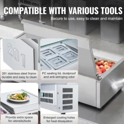 VEVOR Refrigerated Condiment Prep Station, 150 W Countertop Refrigerated Condiment Station, with 4 1/3 Pans & 4 1/6 Pans, 304 Stainless Body and PC Lid, Sandwich Prep Table with Stainless Guard, ETL