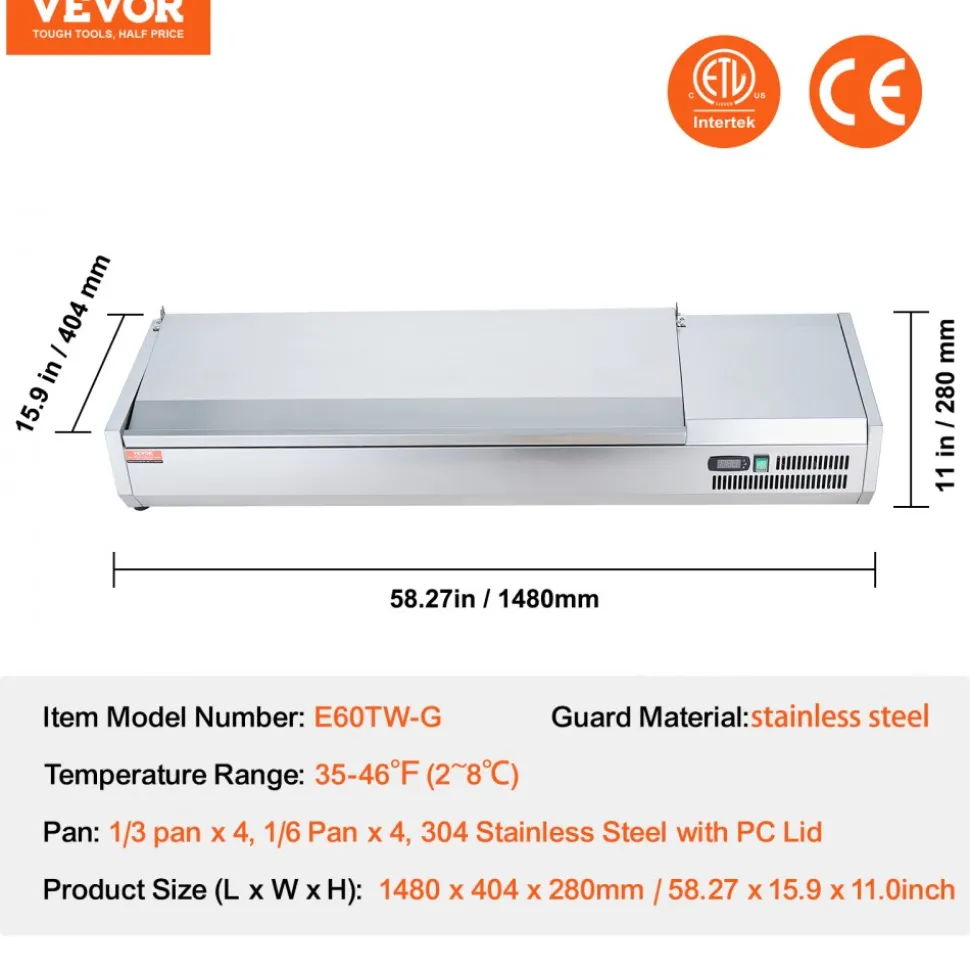 VEVOR Refrigerated Condiment Prep Station, 150 W Countertop Refrigerated Condiment Station, with 4 1/3 Pans & 4 1/6 Pans, 304 Stainless Body and PC Lid, Sandwich Prep Table with Stainless Guard, ETL