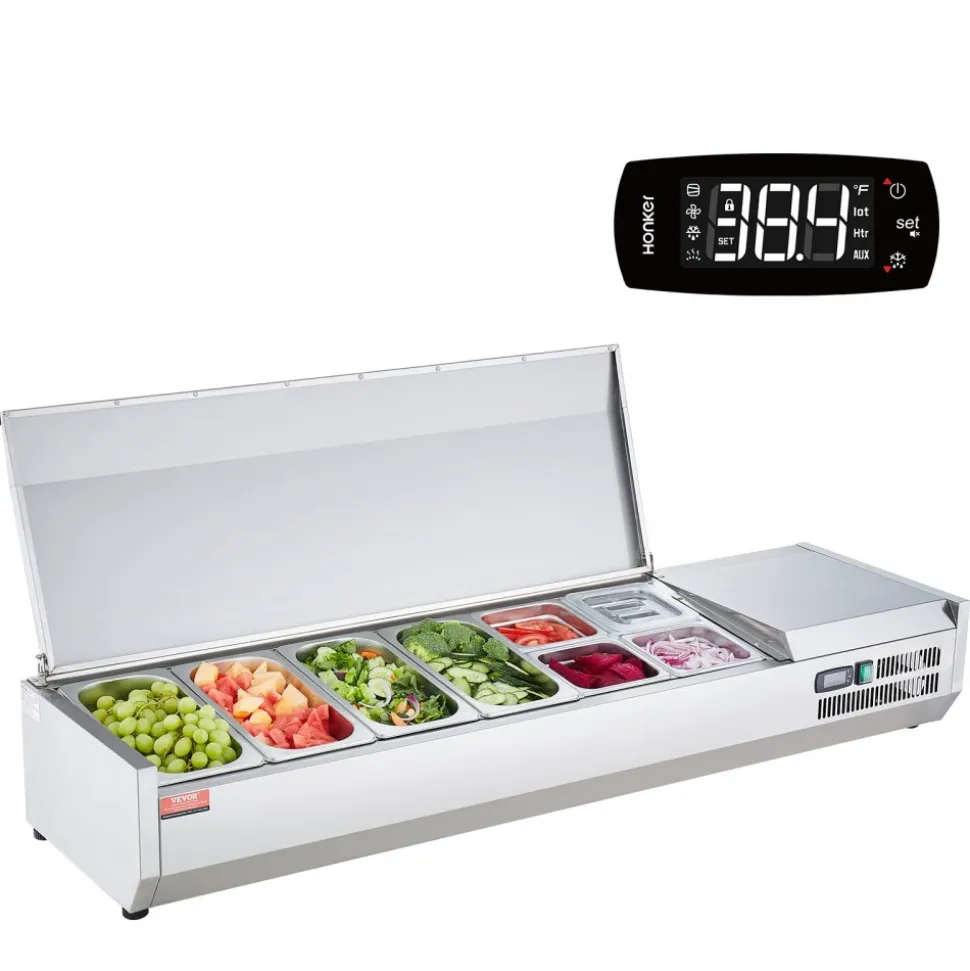 VEVOR Refrigerated Condiment Prep Station, 150 W Countertop Refrigerated Condiment Station, with 4 1/3 Pans & 4 1/6 Pans, 304 Stainless Body and PC Lid, Sandwich Prep Table with Stainless Guard, ETL