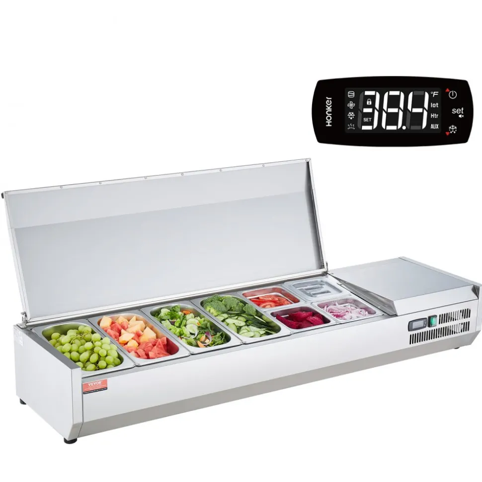 VEVOR Refrigerated Condiment Prep Station, 150 W Countertop Refrigerated Condiment Station, with 4 1/3 Pans & 4 1/6 Pans, 304 Stainless Body and PC Lid, Sandwich Prep Table with Stainless Guard, ETL