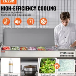 VEVOR Refrigerated Condiment Prep Station, 150 W Countertop Refrigerated Condiment Station, with 4 1/3 Pans & 4 1/6 Pans, 304 Stainless Body and PC Lid, Sandwich Prep Table with Stainless Guard, ETL