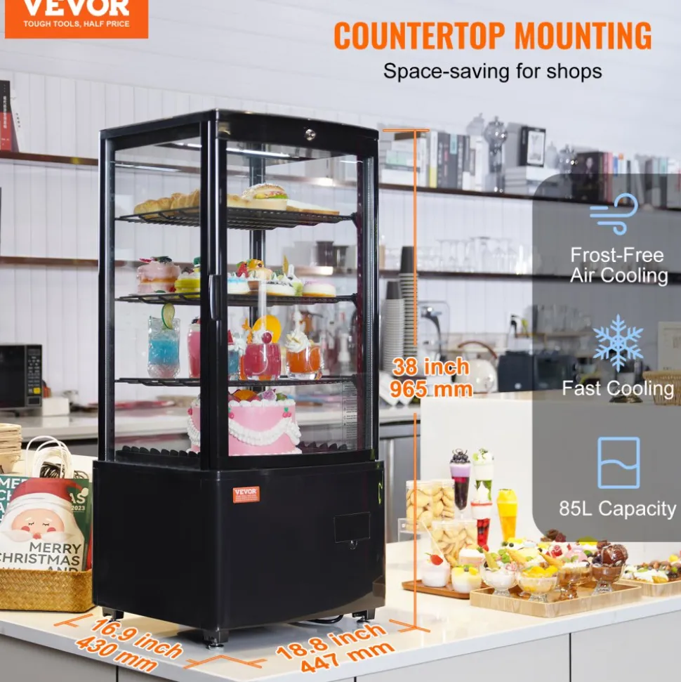 VEVOR Refrigerated Display Case, 3.5 Cu.Ft./100L, 2-Tier, Countertop Pastry Display Case Commercial Display Refrigerator with LED Lighting, TURBO Cooling, Frost-Free Air-Cooling, Rear Sliding Door