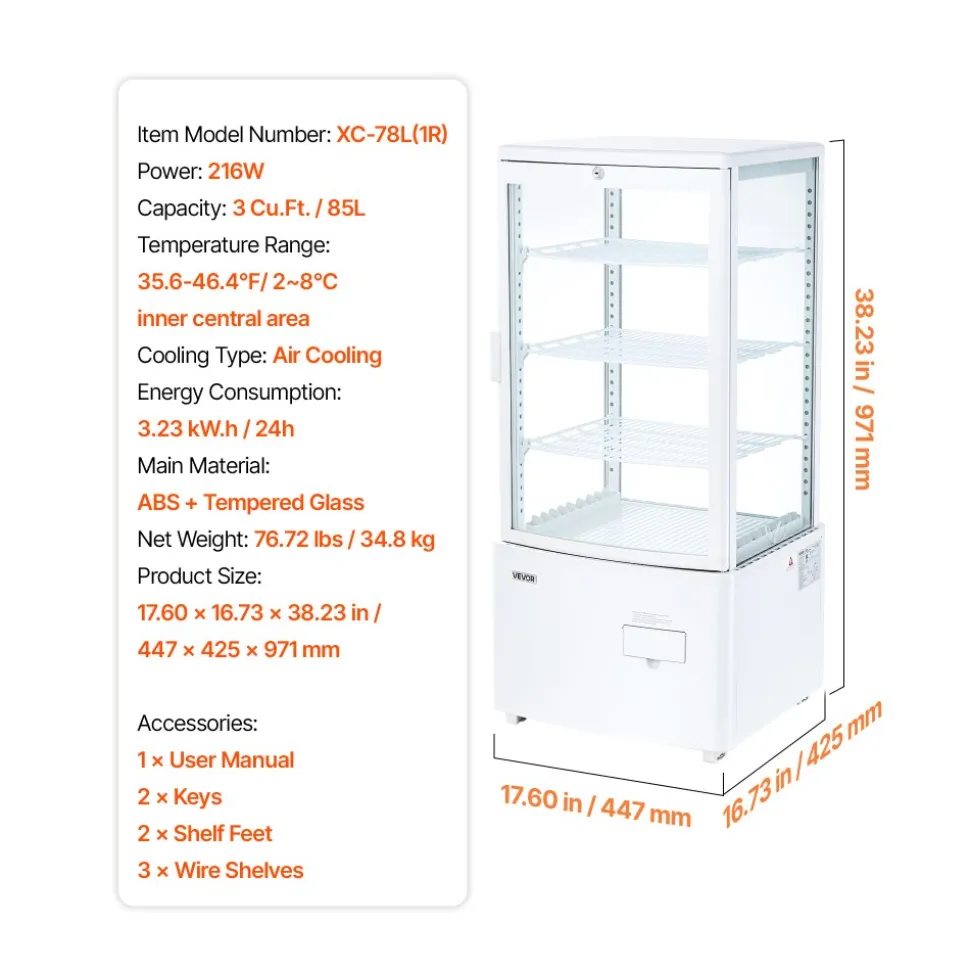 VEVOR Refrigerated Display Case, 3 Cu.Ft./85L Countertop Pastry Display Case, 3-Tier Commercial Cake Refrigerator with LED Lighting, TURBO Cooling, Frost-Free Air-Cooling, for Bakery, Dessert Shop