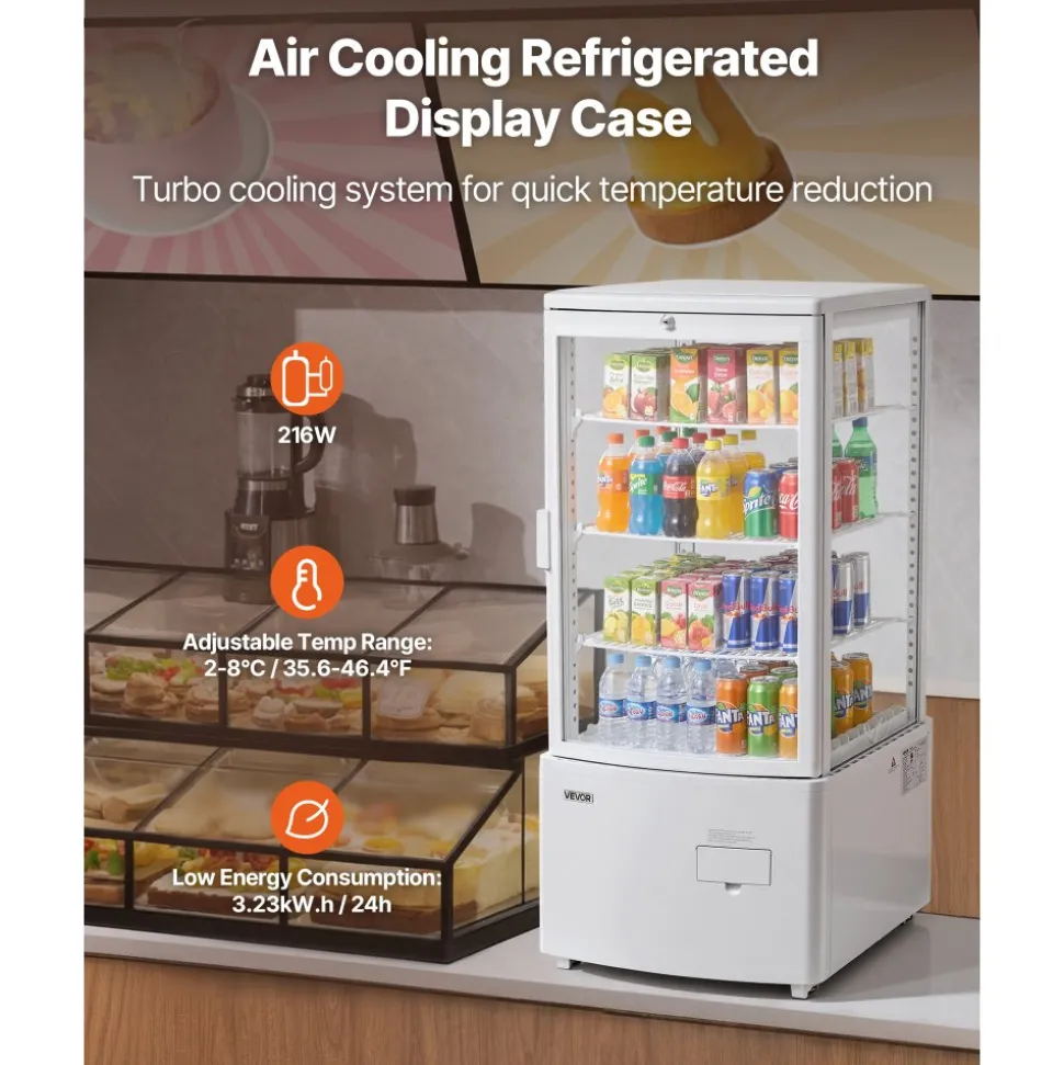VEVOR Refrigerated Display Case, 3 Cu.Ft./85L Countertop Pastry Display Case, 3-Tier Commercial Cake Refrigerator with LED Lighting, TURBO Cooling, Frost-Free Air-Cooling, for Bakery, Dessert Shop