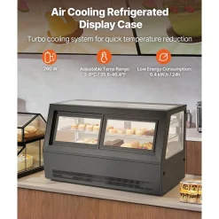 VEVOR Refrigerated Display Case, 7.1 Cu.Ft./190L Countertop Pastry Display Case, 2-Tier Commercial Cake Refrigerator with LED Lighting, TURBO Cooling, Frost-Free Air-Cooling, for Bakery, Dessert Shop