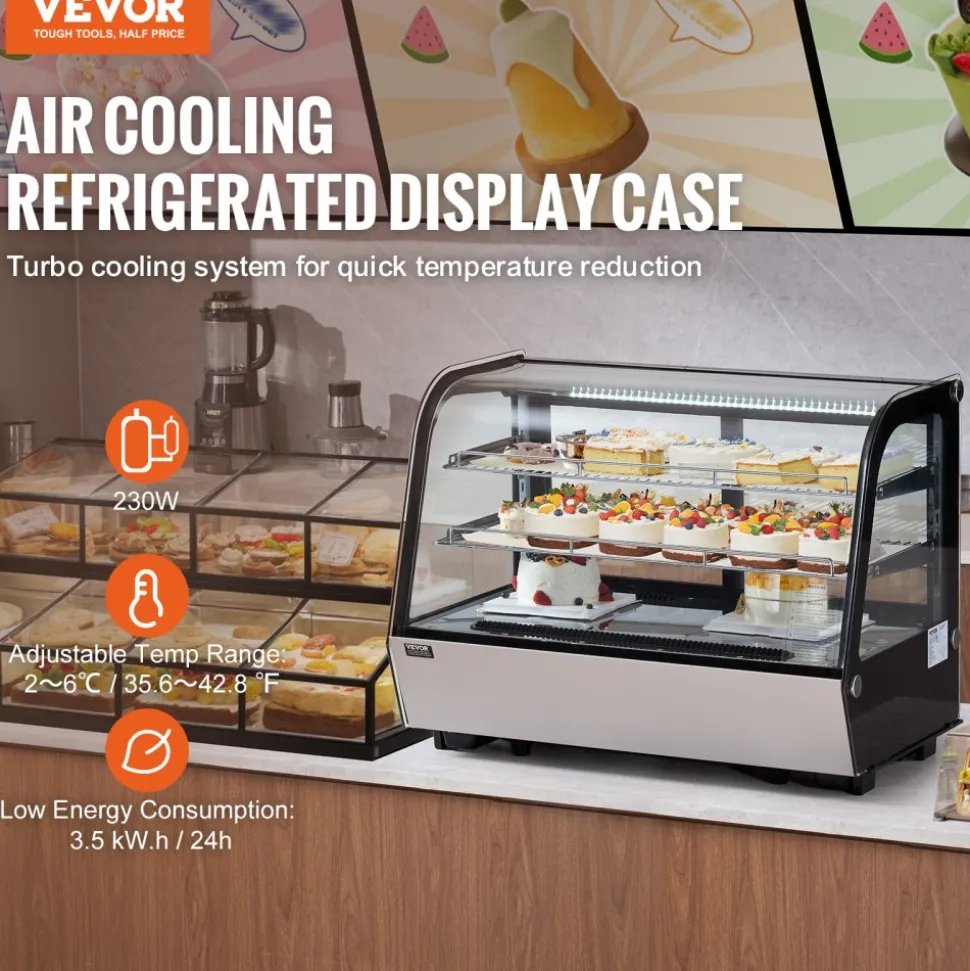 VEVOR Refrigerated Display Case, 5 Cu.Ft./146L Countertop Pastry Display Case, 2-Tier Commercial Display Refrigerator with LED Lighting, TURBO Cooling, Frost-Free Air-Cooling, for Bakery
