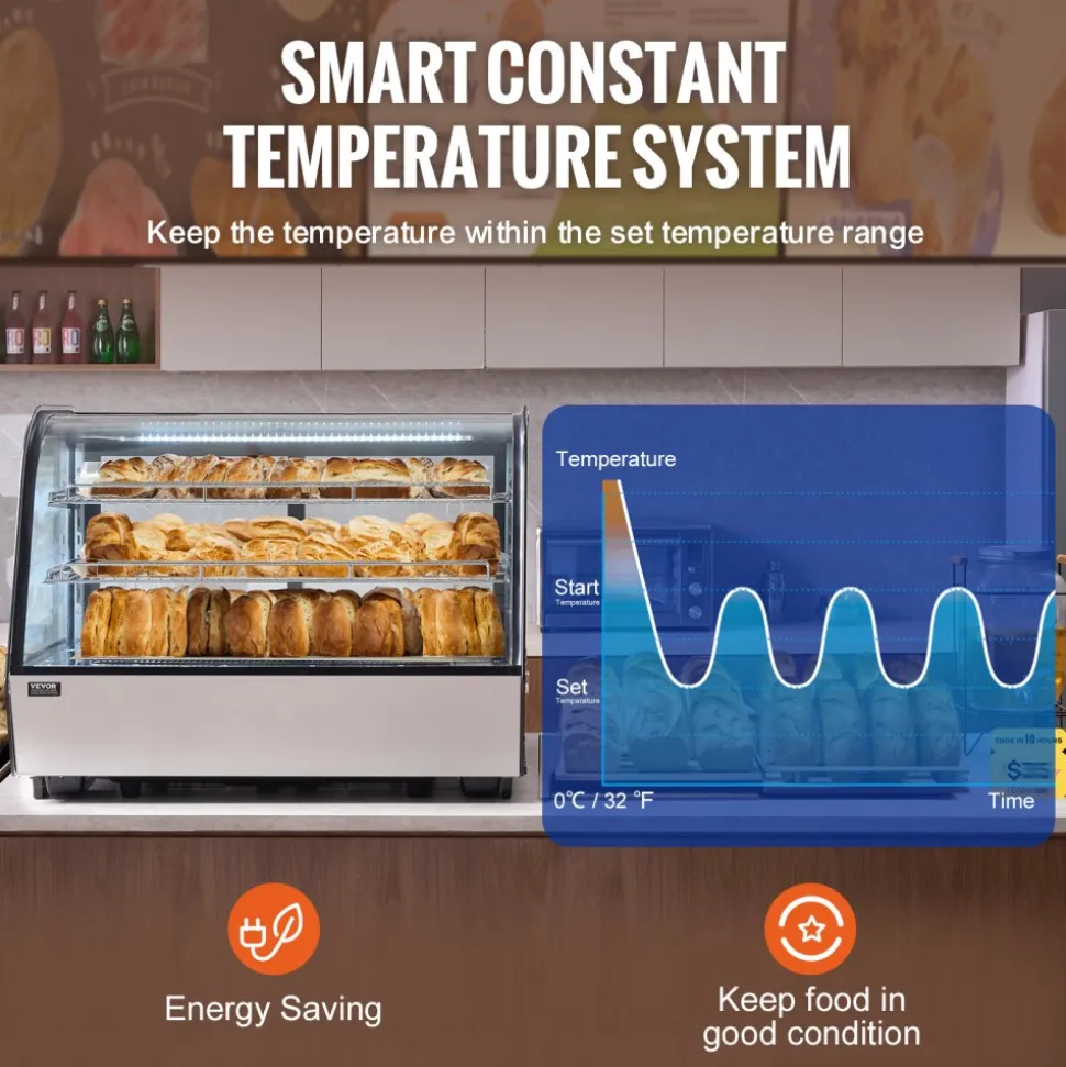 VEVOR Refrigerated Display Case, 5 Cu.Ft./146L Countertop Pastry Display Case, 2-Tier Commercial Display Refrigerator with LED Lighting, TURBO Cooling, Frost-Free Air-Cooling, for Bakery