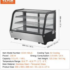 VEVOR Refrigerated Display Case, 5 Cu.Ft./146L Countertop Pastry Display Case, 2-Tier Commercial Display Refrigerator with LED Lighting, TURBO Cooling, Frost-Free Air-Cooling, for Bakery