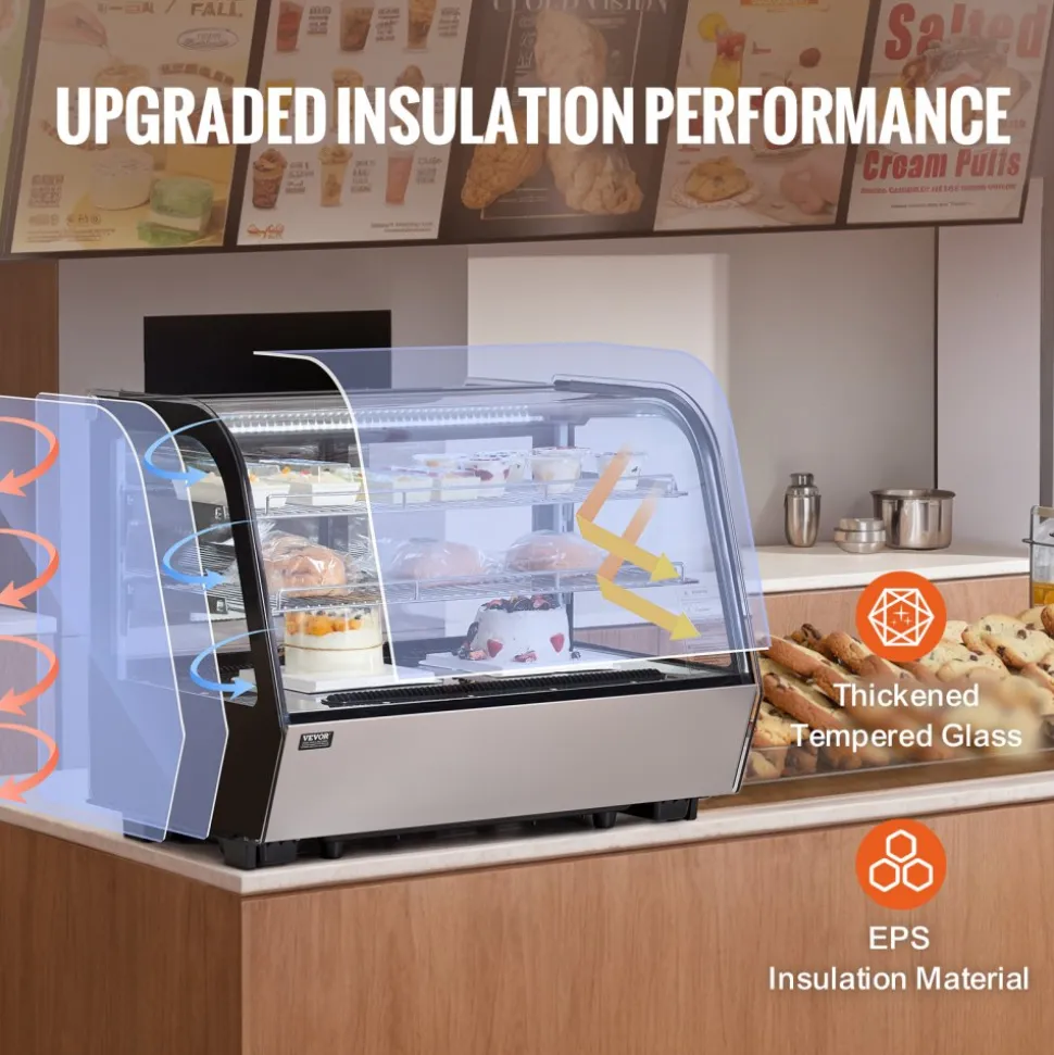 VEVOR Refrigerated Display Case, 5 Cu.Ft./146L Countertop Pastry Display Case, 2-Tier Commercial Display Refrigerator with LED Lighting, TURBO Cooling, Frost-Free Air-Cooling, for Bakery