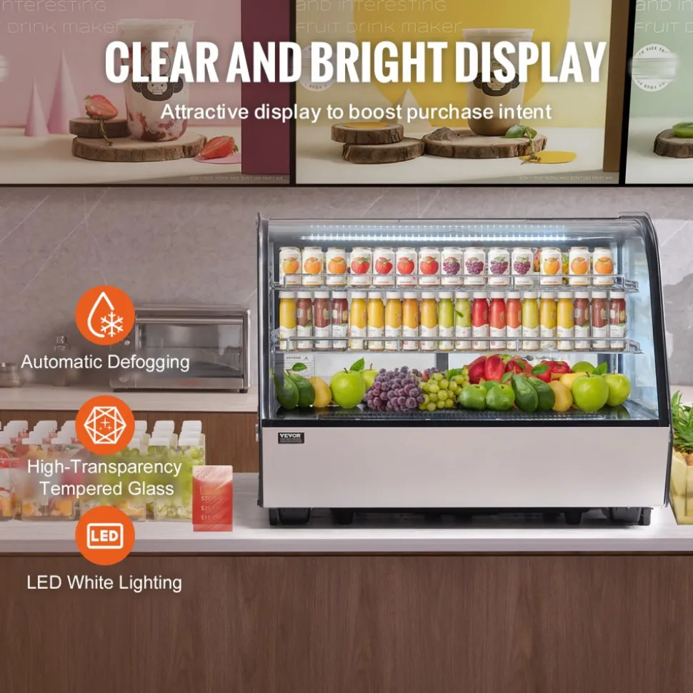 VEVOR Refrigerated Display Case, 5 Cu.Ft./146L Countertop Pastry Display Case, 2-Tier Commercial Display Refrigerator with LED Lighting, TURBO Cooling, Frost-Free Air-Cooling, for Bakery
