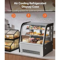 VEVOR Refrigerated Display Case, 4.2 Cu.Ft./105L Countertop Pastry Display Case, 2-Tier Commercial Cake Refrigerator with LED Lighting, TURBO Cooling, Frost-Free Air-Cooling, for Bakery, Dessert Shop