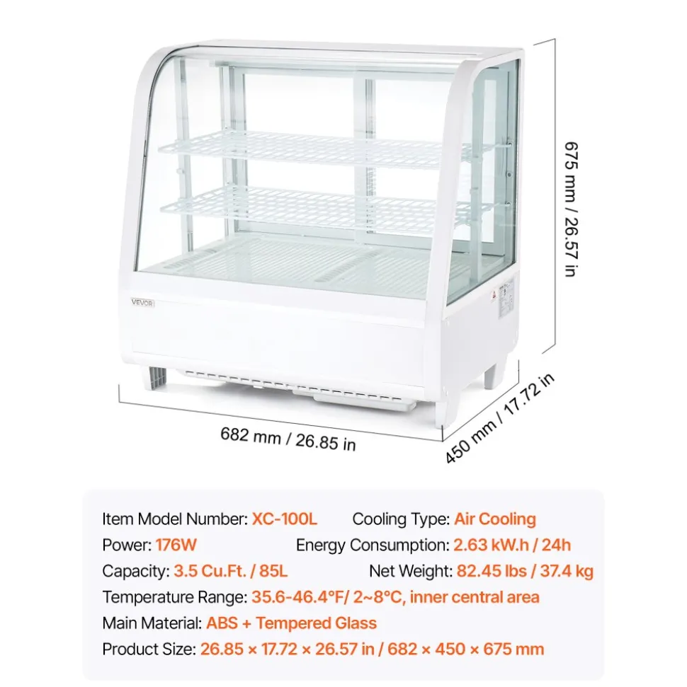 VEVOR Refrigerated Display Case, 3.5 Cu.Ft./100L Countertop Pastry Display Case, 2-Tier Commercial Cake Refrigerator with LED Lighting, TURBO Cooling, Frost-Free Air-Cooling, for Bakery, Dessert Shop