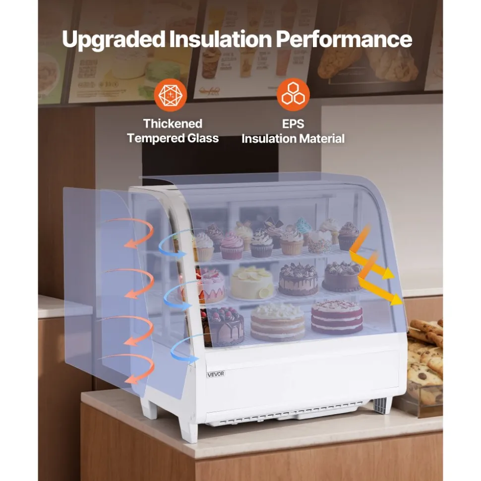 VEVOR Refrigerated Display Case, 3.5 Cu.Ft./100L Countertop Pastry Display Case, 2-Tier Commercial Cake Refrigerator with LED Lighting, TURBO Cooling, Frost-Free Air-Cooling, for Bakery, Dessert Shop
