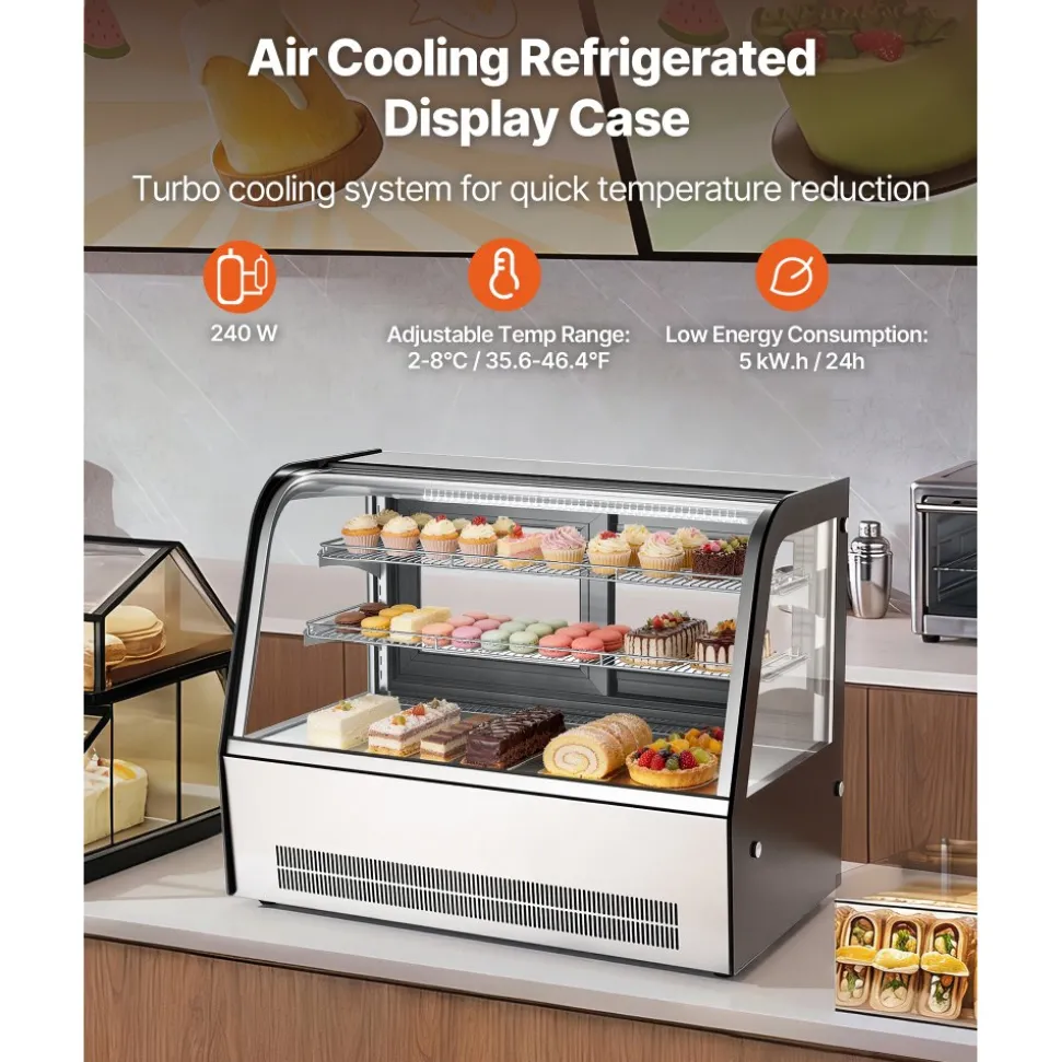 VEVOR Refrigerated Display Case, 5 Cu.Ft./145L Countertop Pastry Display Case, 2-Tier Commercial Cake Refrigerator with LED Lighting, TURBO Cooling, Frost-Free Air-Cooling, for Bakery, Dessert Shop