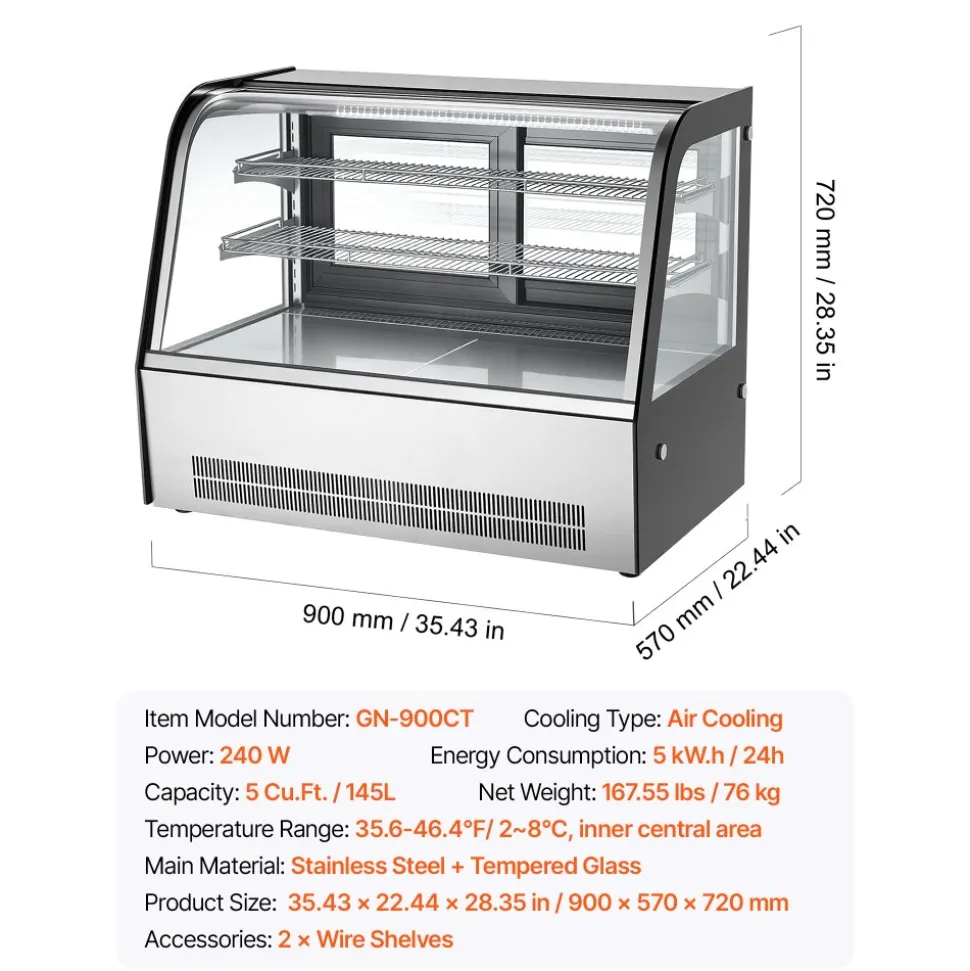 VEVOR Refrigerated Display Case, 5 Cu.Ft./145L Countertop Pastry Display Case, 2-Tier Commercial Cake Refrigerator with LED Lighting, TURBO Cooling, Frost-Free Air-Cooling, for Bakery, Dessert Shop