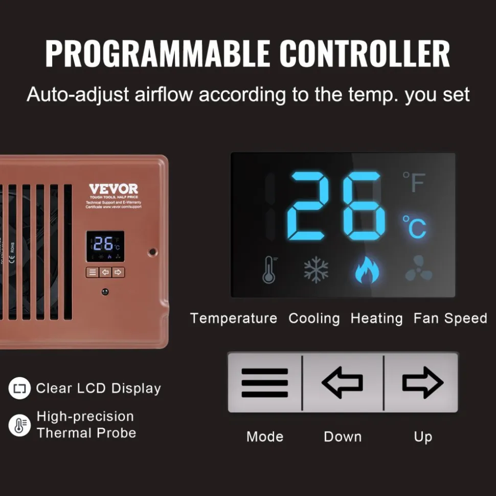 VEVOR Register Booster Fan, Quiet Vent Booster Fan Fits 6 x 12 inch Holes, with Remote Control and Thermostat Control, Adjustable Speed for Heating Cooling Smart Vent, White