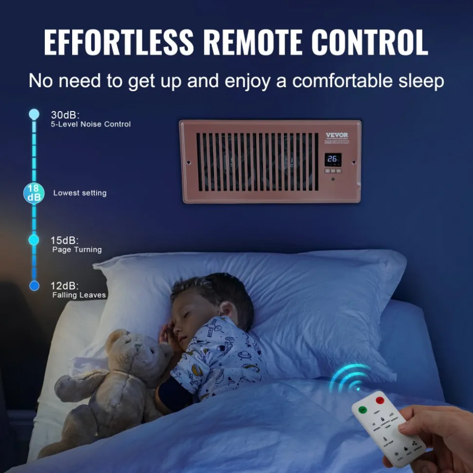 VEVOR Register Booster Fan, Quiet Vent Booster Fan Fits 6 x 12 inch Holes, with Remote Control and Thermostat Control, Adjustable Speed for Heating Cooling Smart Vent, White