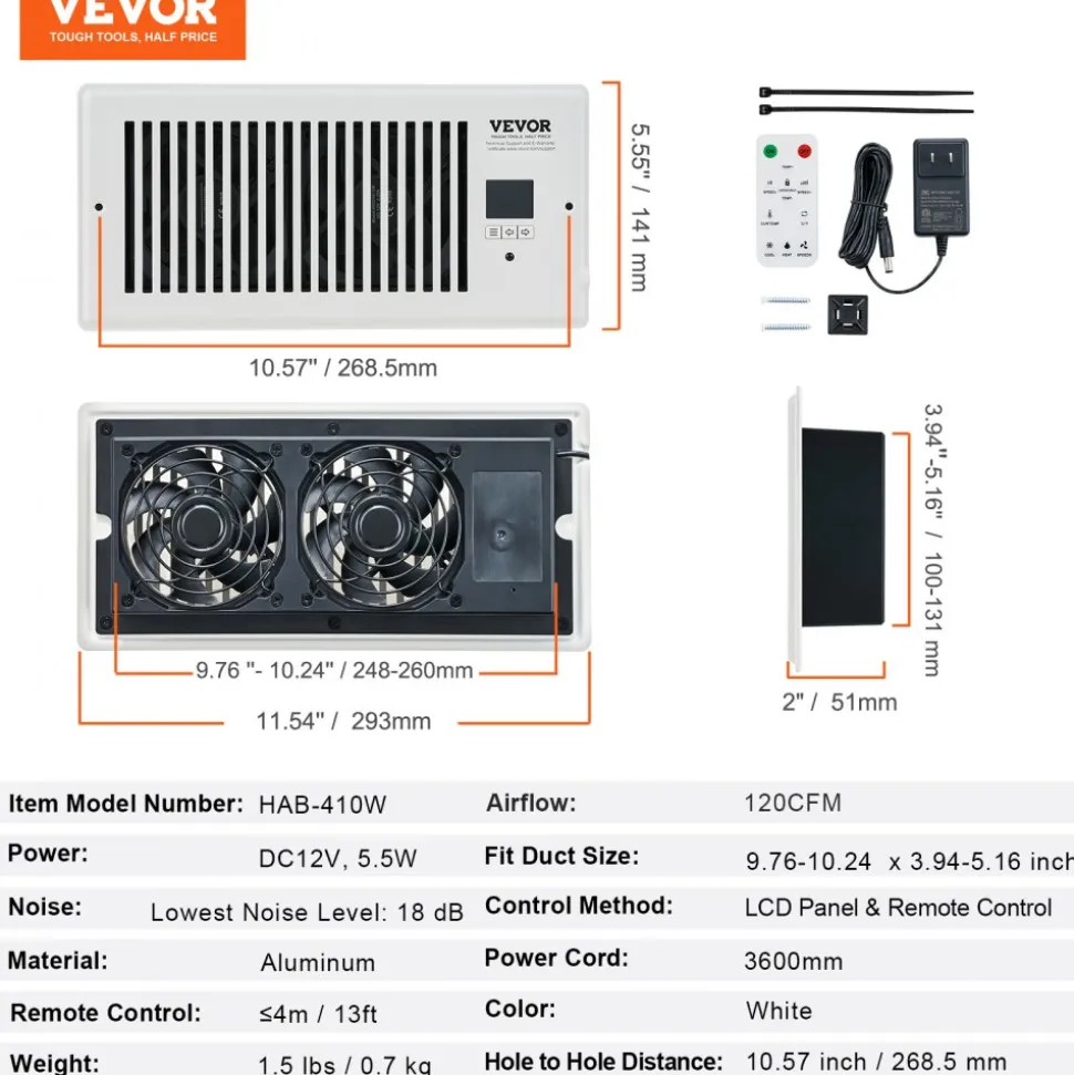 VEVOR Register Booster Fan, Quiet Vent Booster Fan Fits 4” x 10” Register Holes, with Remote Control and Thermostat Control, Adjustable Speed for Heating Cooling Smart Vent, White