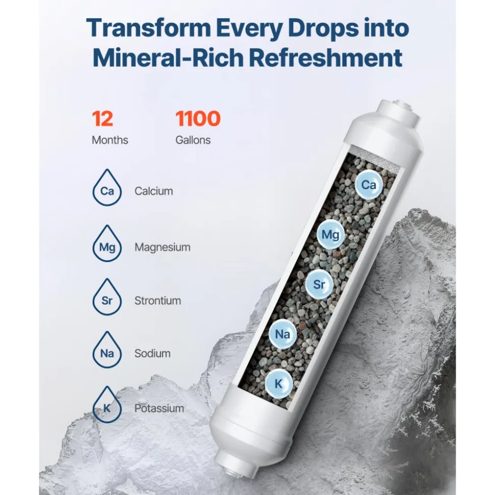 VEVOR Remineralization Filter, 1100 Gallons Remineralization Water Filter Replacement, 1/4" Quick Connect Mineral Filter, Restore Essential Minerals for Water Purifier, Under Sink Water Filter System