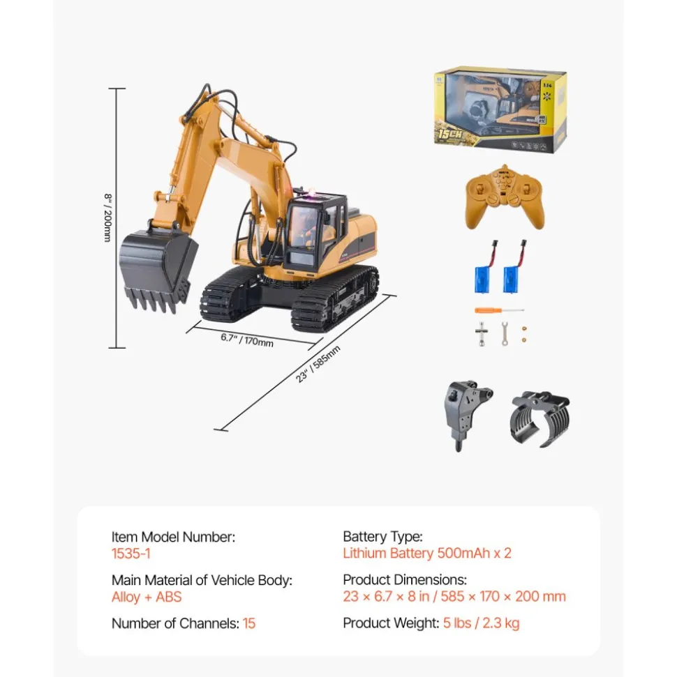 VEVOR Remote Control Excavator Toy, 15 Channel, 3 in 1 Remote Control Digger with Metal Shovel, 1:14 Scale RC Excavator with Light & Sound, Full Functional Construction Vehicles for Kids, 2 Batteries