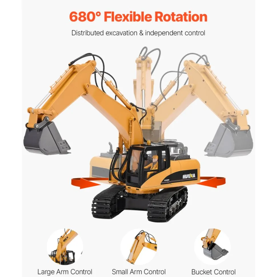 VEVOR Remote Control Excavator Toy, 15 Channel, 3 in 1 Remote Control Digger with Metal Shovel, 1:14 Scale RC Excavator with Light & Sound, Full Functional Construction Vehicles for Kids, 2 Batteries