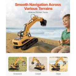 VEVOR Remote Control Excavator Toy, 15 Channel, 3 in 1 Remote Control Digger with Metal Shovel, 1:14 Scale RC Excavator with Light & Sound, Full Functional Construction Vehicles for Kids, 2 Batteries