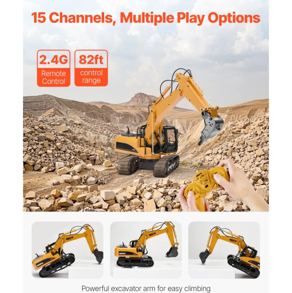 VEVOR Remote Control Excavator Toy, 15 Channel, 3 in 1 Remote Control Digger with Metal Shovel, 1:14 Scale RC Excavator with Light & Sound, Full Functional Construction Vehicles for Kids, 2 Batteries