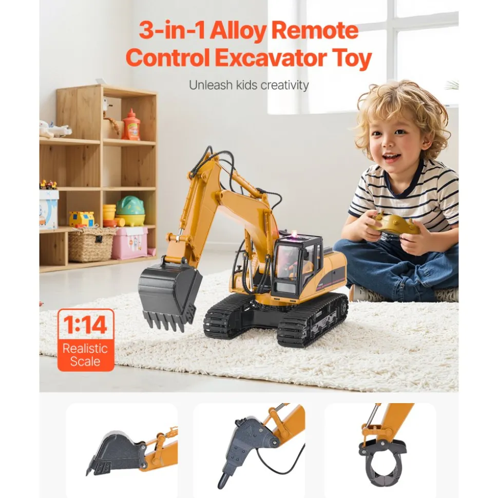 VEVOR Remote Control Excavator Toy, 15 Channel, 3 in 1 Remote Control Digger with Metal Shovel, 1:14 Scale RC Excavator with Light & Sound, Full Functional Construction Vehicles for Kids, 2 Batteries