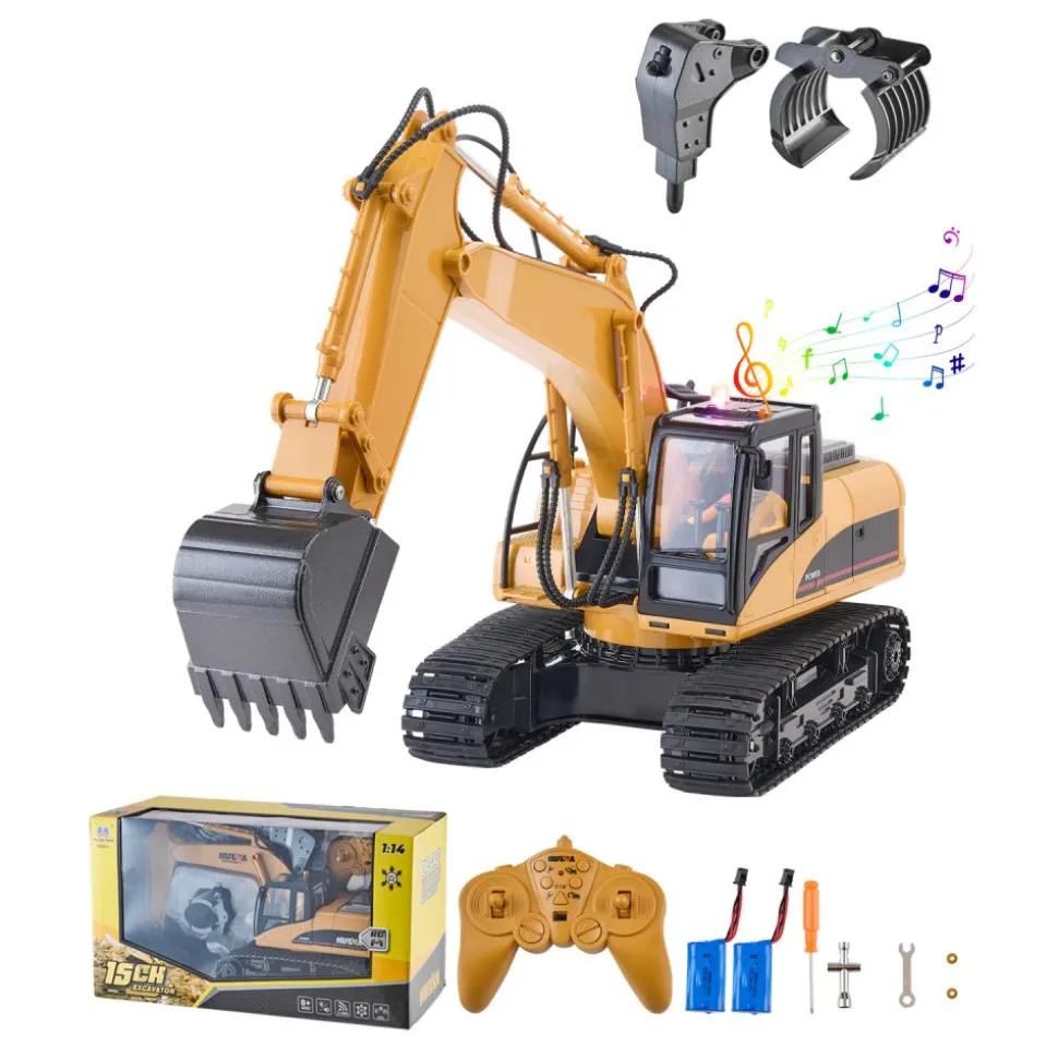 VEVOR Remote Control Excavator Toy, 15 Channel, 3 in 1 Remote Control Digger with Metal Shovel, 1:14 Scale RC Excavator with Light & Sound, Full Functional Construction Vehicles for Kids, 2 Batteries