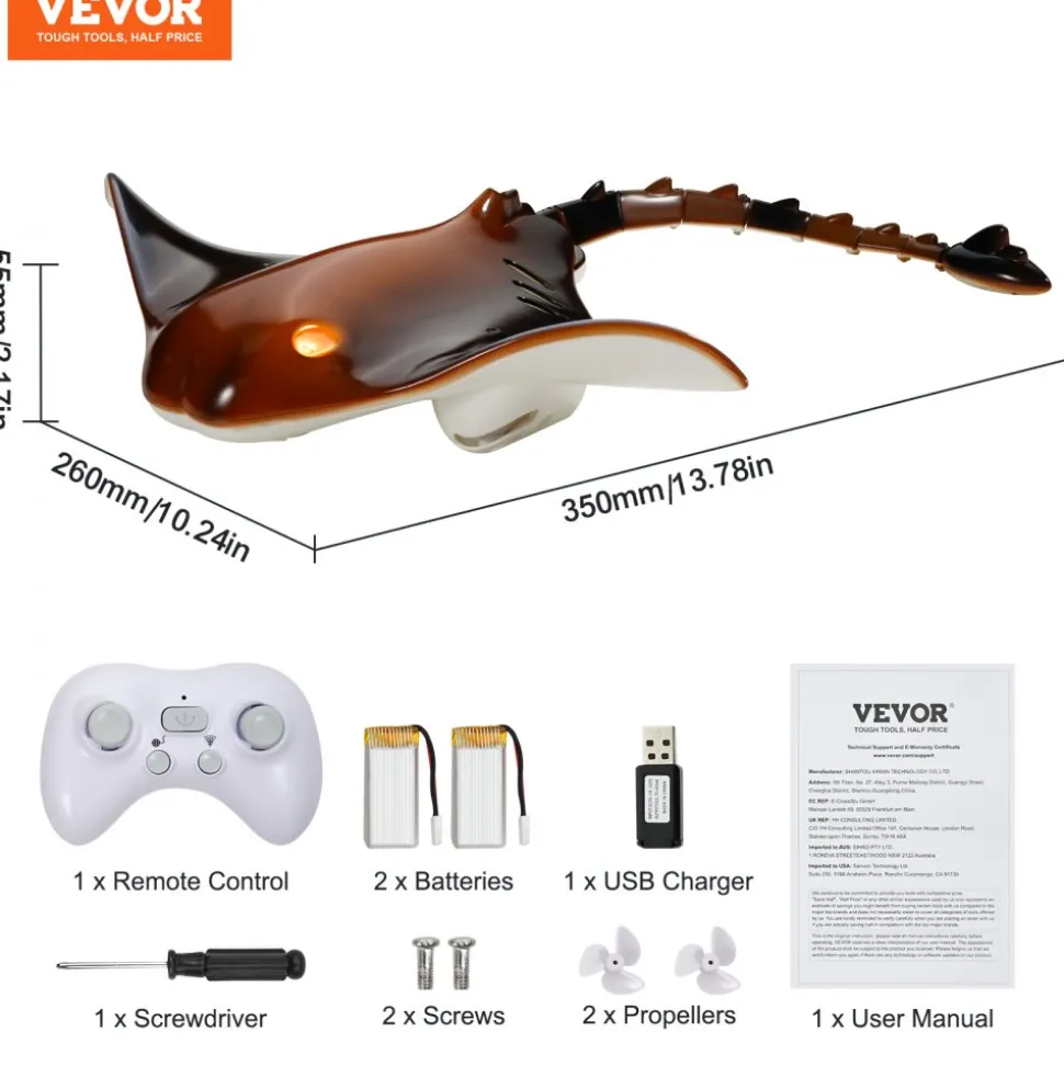 VEVOR Remote Control Manta Ray Toy, 2.4GHz High Simulation Robot Manta Ray with Light, 2 Rechargeable Batteries, for Pool, Bathtub or Lake, Swimming RC Boat Toy for 6+ Year Old Boys and Girls Gift