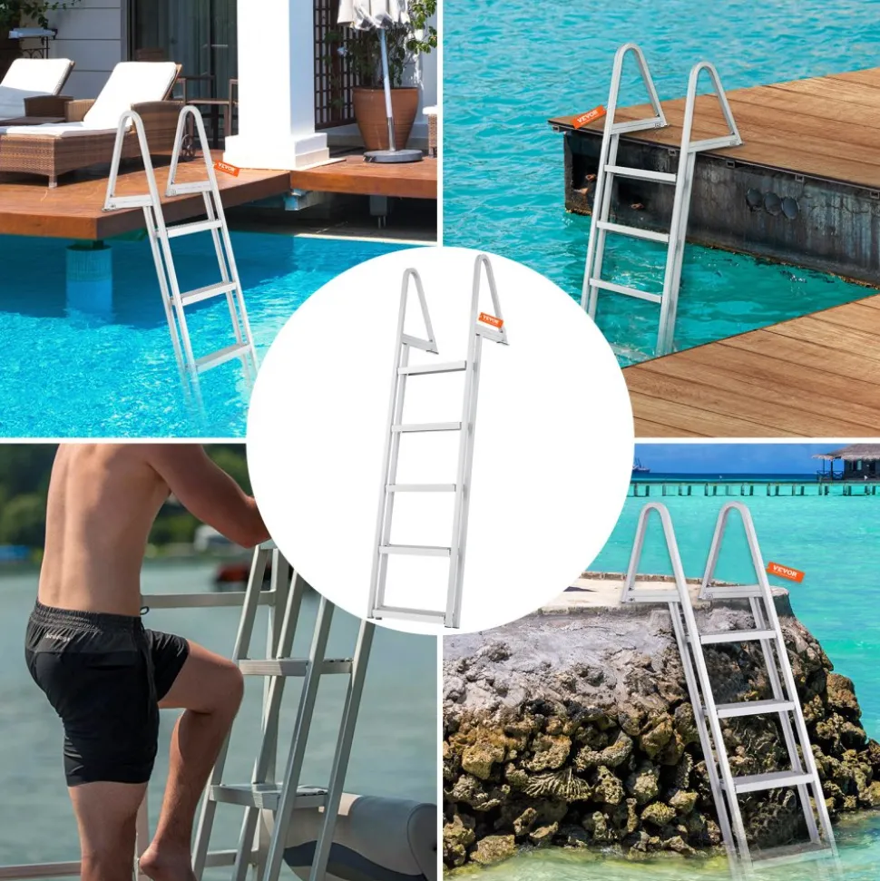 VEVOR Removable Dock Ladder 5 Steps, 350 lbs Load Capacity, Pontoon Boat Ladder with 4'' Wide Step & Nonslip Design for Ship/Lake/Pool/Marine Boarding
