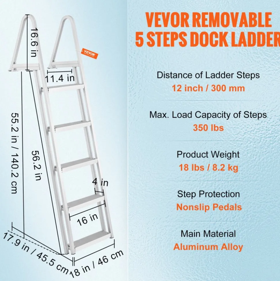 VEVOR Removable Dock Ladder 5 Steps, 350 lbs Load Capacity, Pontoon Boat Ladder with 4'' Wide Step & Nonslip Design for Ship/Lake/Pool/Marine Boarding