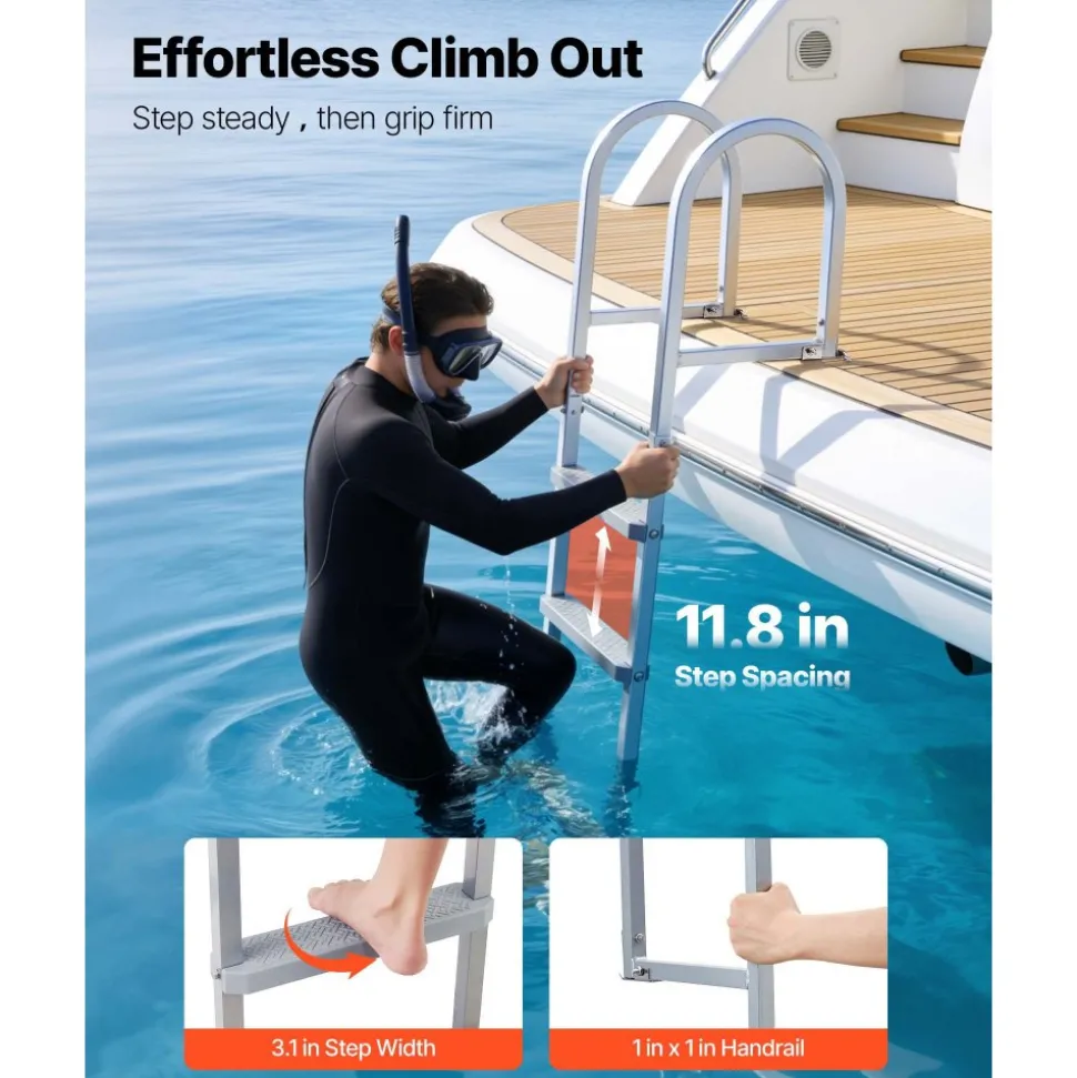 VEVOR Removable Dock Ladder, 3 Steps, Aluminum Alloy Pontoon Boat Swim Ladder, with Non-Slip Wide PP Steps, 500 lbs Weight Capacity, Quick Release Design, for Lake Swimming, Pool, Marine Boarding