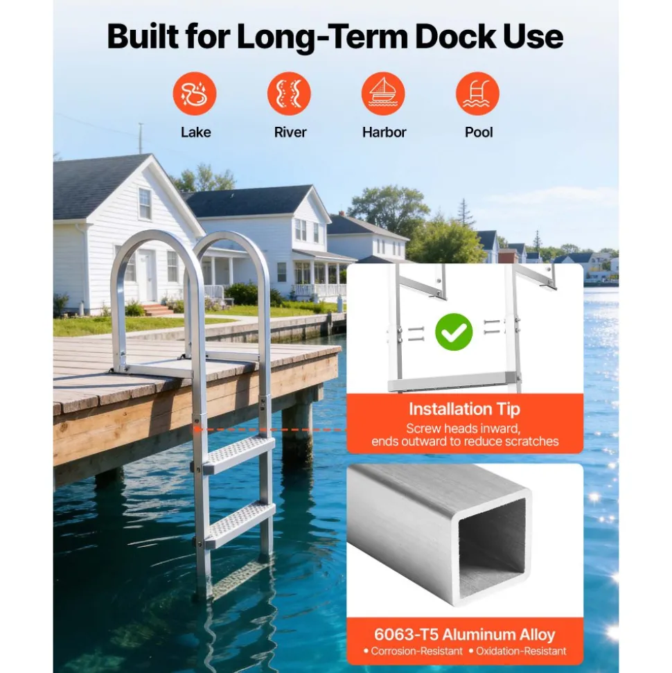 VEVOR Removable Dock Ladder, 3 Steps, Aluminum Alloy Pontoon Boat Swim Ladder, with Non-Slip Wide PP Steps, 500 lbs Weight Capacity, Quick Release Design, for Lake Swimming, Pool, Marine Boarding