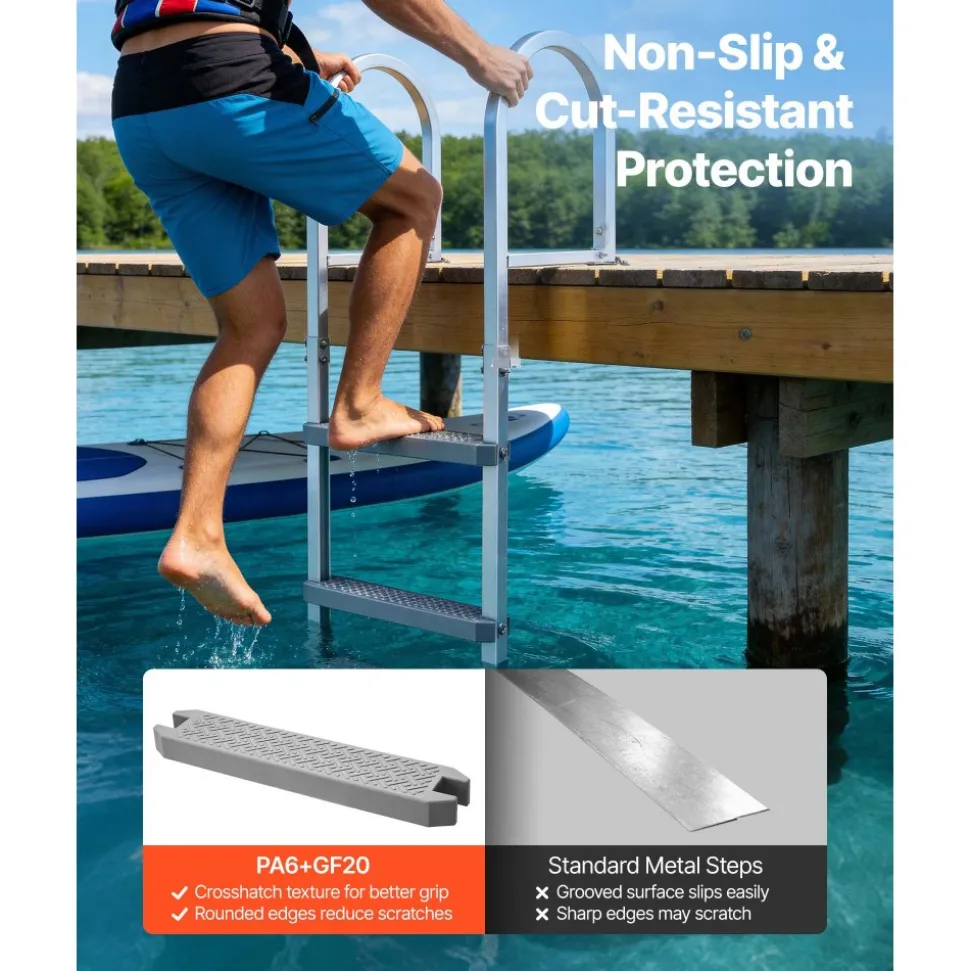 VEVOR Removable Dock Ladder, 3 Steps, Aluminum Alloy Pontoon Boat Swim Ladder, with Non-Slip Wide PP Steps, 500 lbs Weight Capacity, Quick Release Design, for Lake Swimming, Pool, Marine Boarding