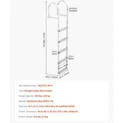 VEVOR Removable Dock Ladder, 5 Steps, Aluminum Alloy Pontoon Boat Swim Ladder, with Non-Slip Wide PP Steps, 500 lbs Weight Capacity, Quick Release Design, for Lake Swimming, Pool, Marine Boarding