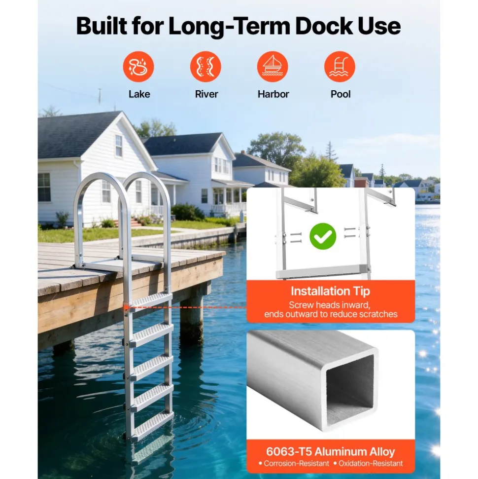 VEVOR Removable Dock Ladder, 5 Steps, Aluminum Alloy Pontoon Boat Swim Ladder, with Non-Slip Wide PP Steps, 500 lbs Weight Capacity, Quick Release Design, for Lake Swimming, Pool, Marine Boarding