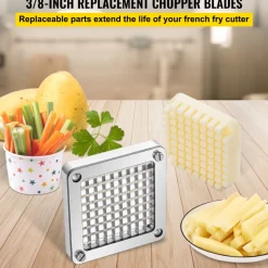 VEVOR Replacement Chopper Blade, 3/8 inch, 3 PCS French Fry Blade Assembly with 6 Extra Knives, Stainless Steel Dicer Parts and Push Block for Cutting Potatoes Carrots Onions Cucumbers Mushrooms