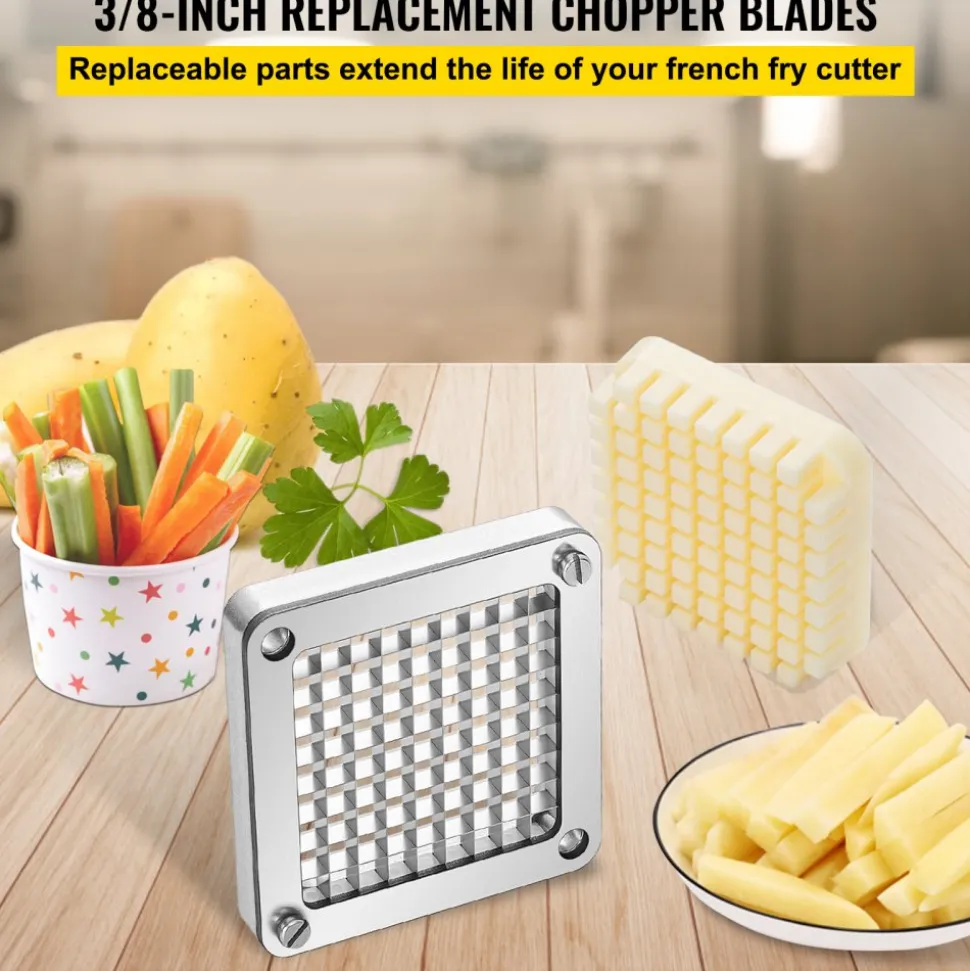 VEVOR Replacement Chopper Blade, 3/8 inch, 3 PCS French Fry Blade Assembly with 6 Extra Knives, Stainless Steel Dicer Parts and Push Block for Cutting Potatoes Carrots Onions Cucumbers Mushrooms